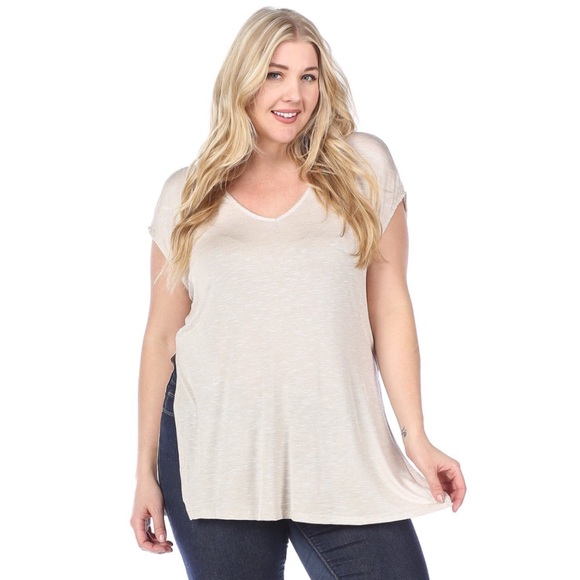 Tops - Side Slits Short Sleeve Drapey Tee Marled Cream